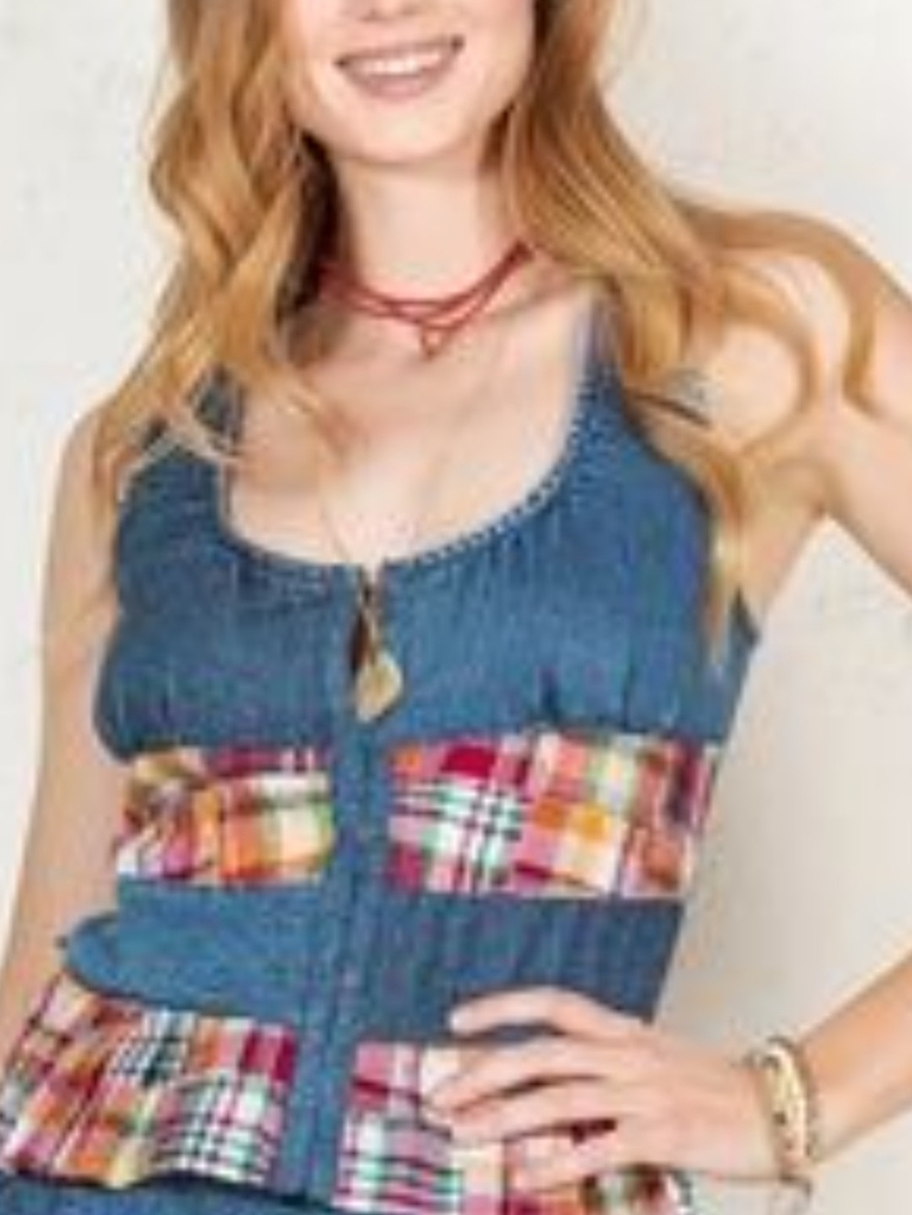 Young Threads Blue Plaid-Accent Denim Tank Top Size Medium Flawed